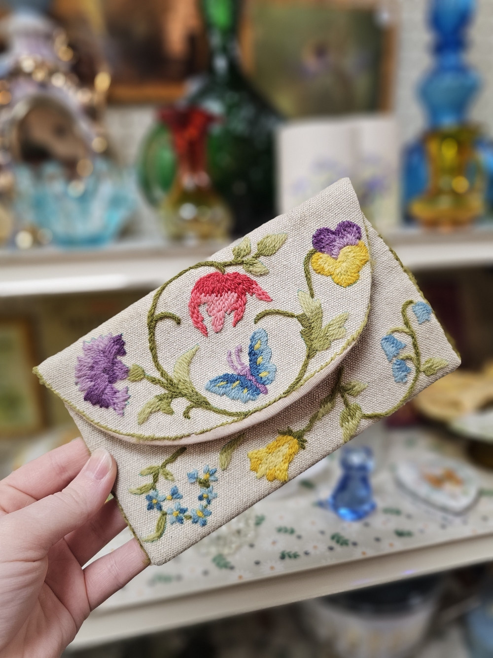 Vintage 70s Handmade Embroidered Canvas Clutch Butterfly Floral Cottagecore Snap